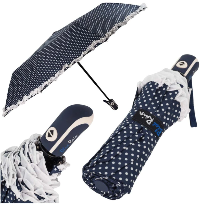 KA230 Parasol w grochy kropki z falbanką granatowy, parasolka 1.jpg
