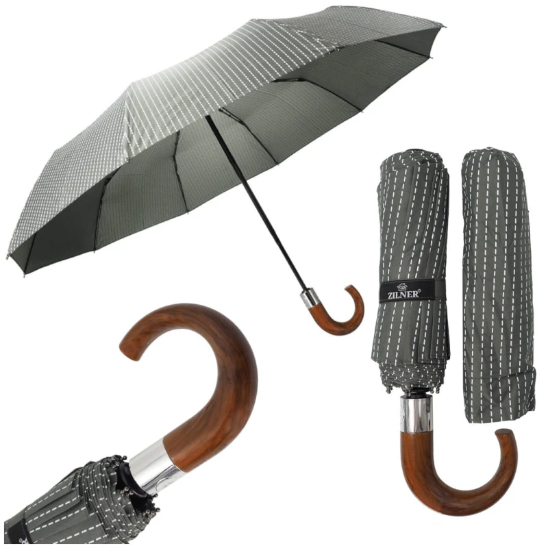 KA406 Parasol szary w paski z zagiętą rączką Zilner, parasolka męska damska solidna 1.jpg