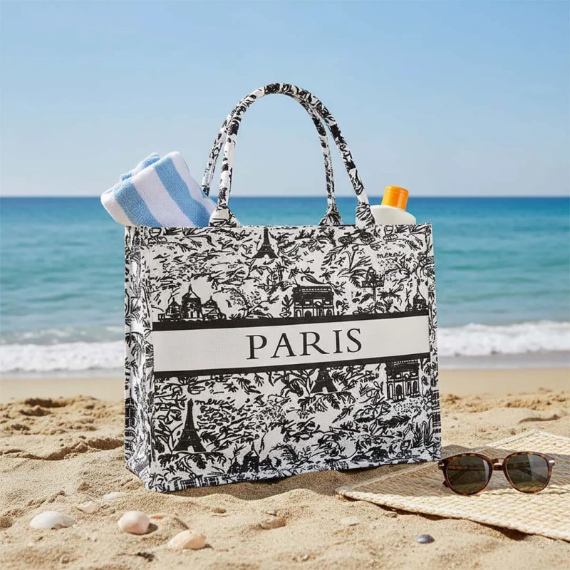 KA743 Torba plażowa, zakupowa duża PARIS czarna 2.jpg